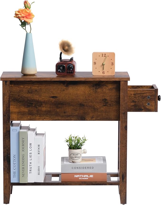 Brown Chairside Narrow End Table, Solid Wood Recliner Side Table - Image 8