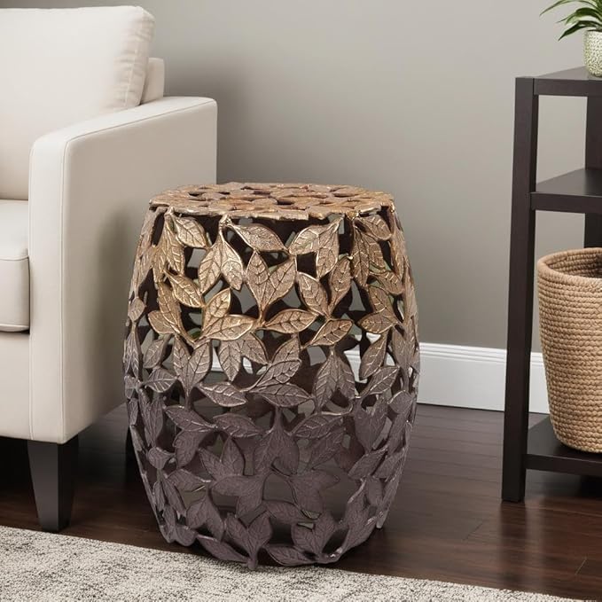 Howard Elliott Olive Leaf Round Side Table & Stool, Unique Bronze Finish Cast - Image 7