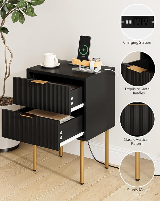 Masupu Nightstand with Charging Station, Mid-Century Modern Bedside Table with - Image 4