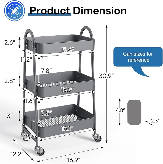 OLIXIS 3 Tier Utility Rolling Cart, Metal Mobile Storage Shelf - Image 4