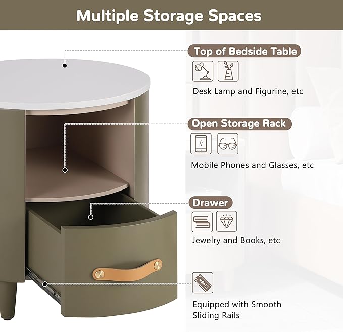 Merax Round Nightstand with Storage Drawer, MDF Contemporary Modern Bedside - Image 4