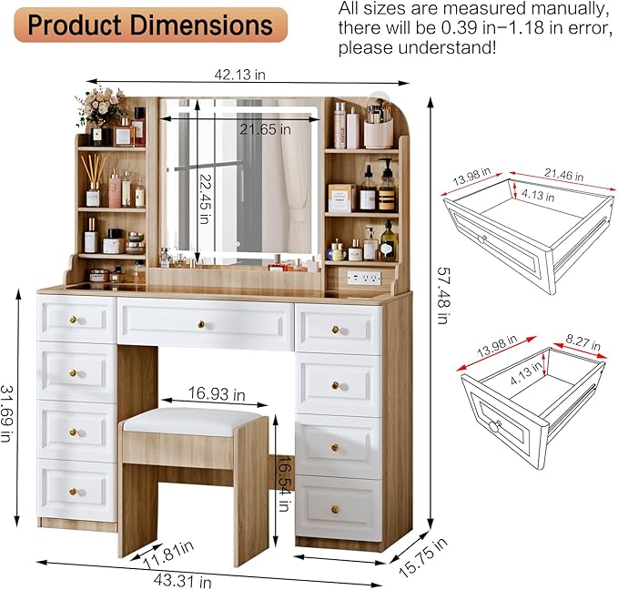 43" Makeup Vanity Desk with Mirror and Lights, & Power Outl, Glass Top Big - Image 3