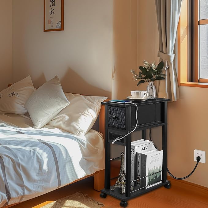 Side Table with Charging Station and Drawer, Narrow End Table with USB Ports - Image 5