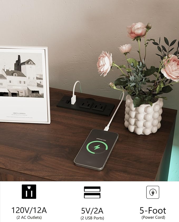 Nightstand with Charging Station and LED Lights, Modern Bedside Table with 2 - Image 5