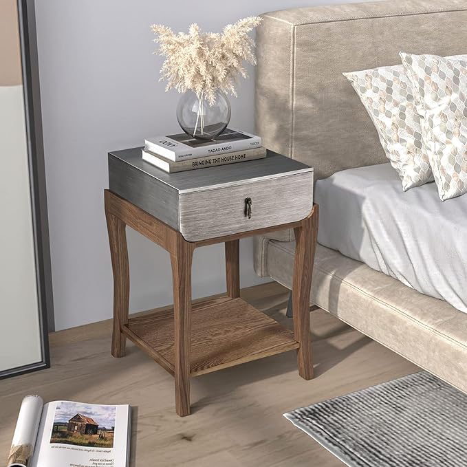 COSIEST Rustic Nightstand, 2-Tier Farmhouse Bedside Table, Wood Accent End Table by COSIEST