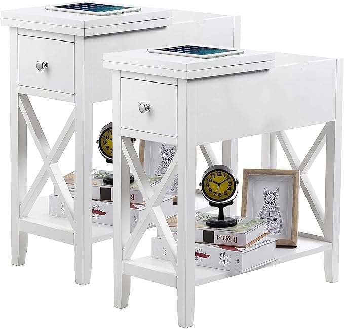 ChooChoo White End Table Set of 2, Flip Top Narrow End Table by ChooChoo