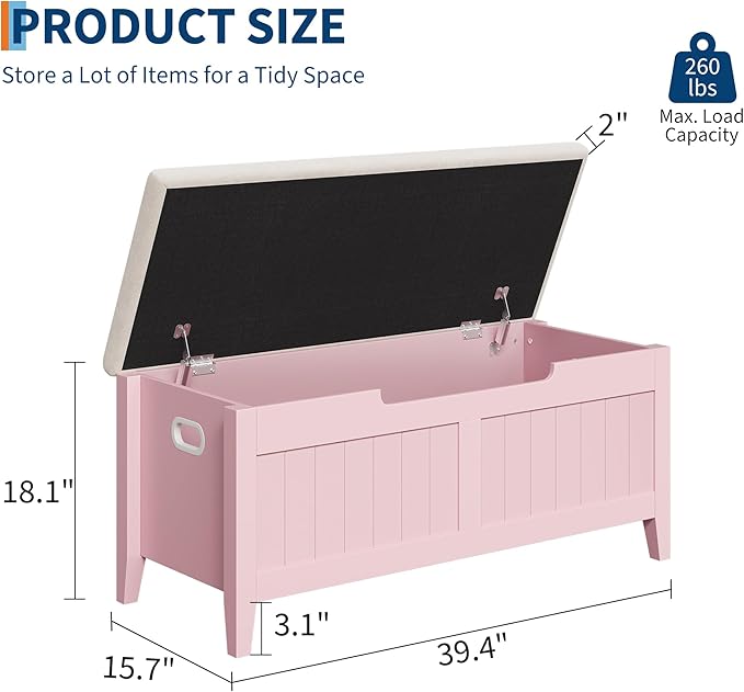 GAOMON Storage Bench with Cushion, 39.4” Wooden Chest Storage Box with 2 Safety - Image 3