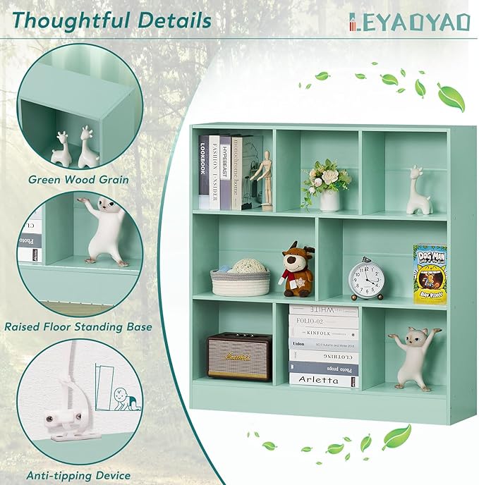 LEYAOYAO 8 Cube Bookshelf with Base, 3 Tier Modern Mint-Green Kids Bookcase - Image 7