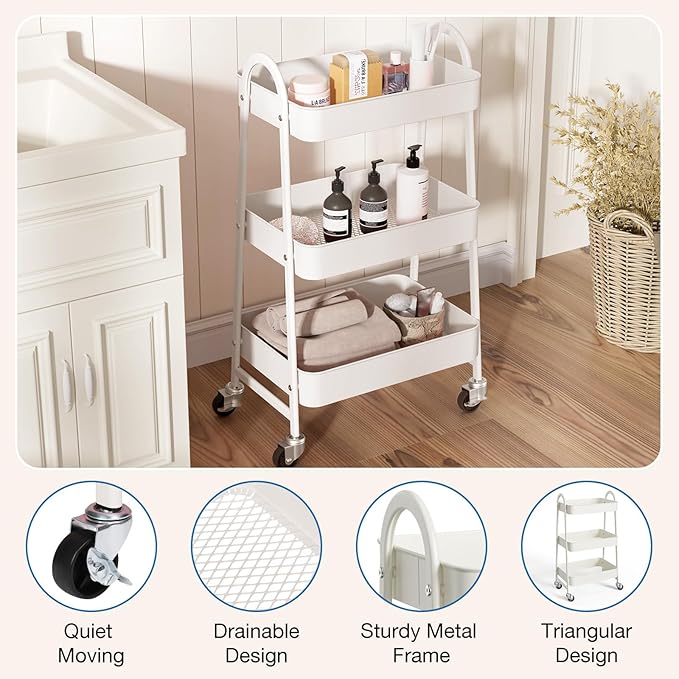 OLIXIS 3 Tier Utility Rolling Cart, Metal Mobile Storage Shelf - Image 2