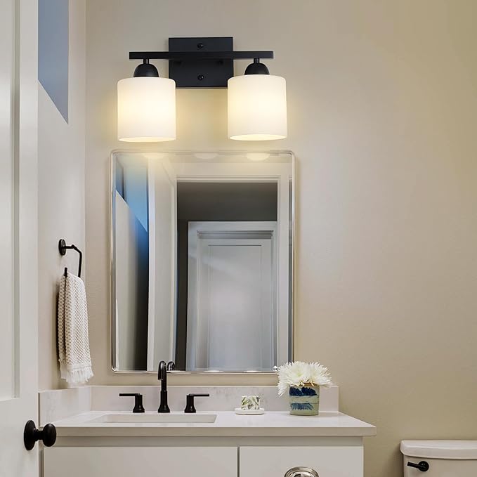 Milk Glass Vanity Lights for Bathroom, 2 Light Matte Black Bathroom Light - Image 6