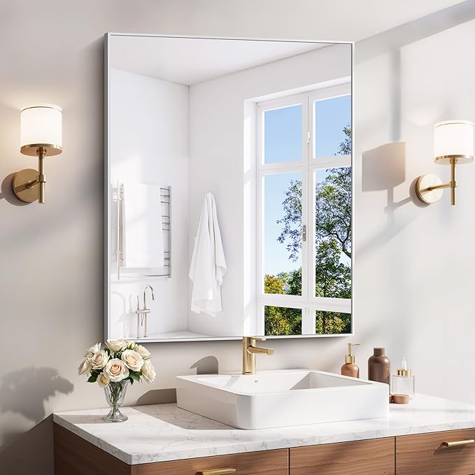 YIROMAN Bathroom Mirror 30"x36", Brushed Silver Bathroom Mirror by Unknown