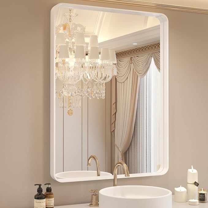 WEER White Bathroom Mirror 20X30 Inch, Rounded Rectangle White Metal Frame by WEER