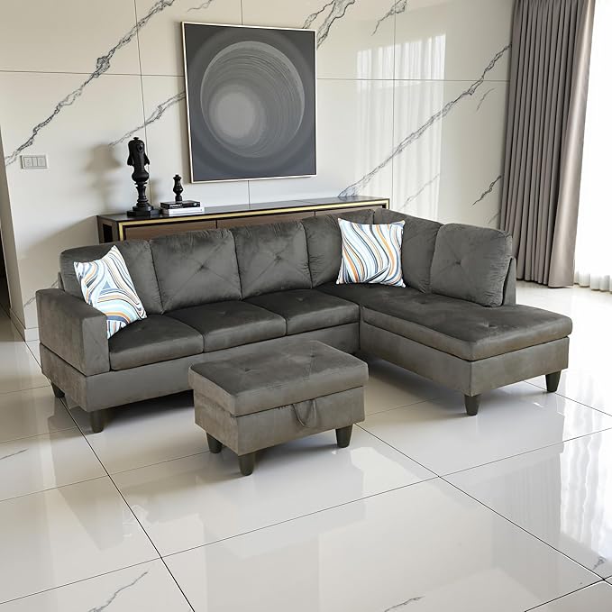 Couches for Living Room Modern L Shaped Couch Comfy Flannel Fabric 3 Pieces - Image 4