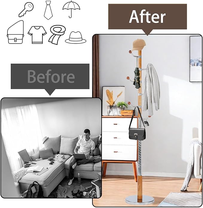 Coat Rack Freestanding, Metal Wooden Coat Tree - Image 5