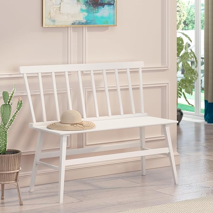 Bamboo Dining Bench, Wooden White Entryway Bench - Image 6