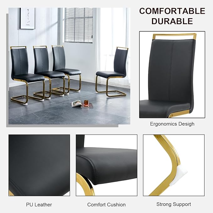 Modern Dining Chairs Set of 6, High Back Black Kitchen Chairs, Faux Leather - Image 6