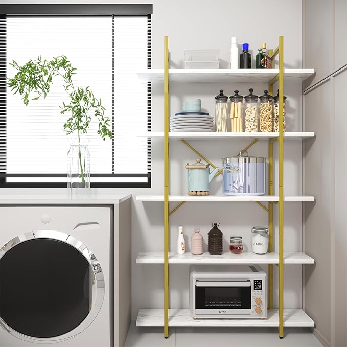 5 Tiers Bookshelf Organizer White Faux Marble Shelf, Modern Open Display - Image 4