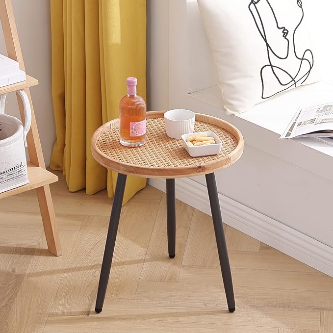 Tiita Rattan Round End Table Mental Side Table Nightstand/Small Wood Tables - Image 6