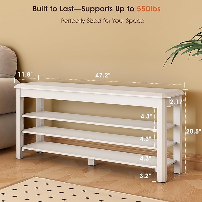 Shoe Rack Bench Seat Rubberwood 3-Tier Wooden Storage Bench 550lbs Compact - Image 2