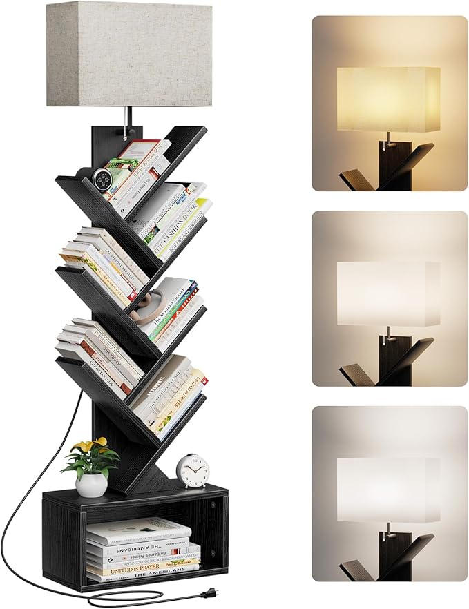 6 Tier Tree Bookshelf with Light, Narrow Bookcase Tower, Tall Floor Standing by Evermagin