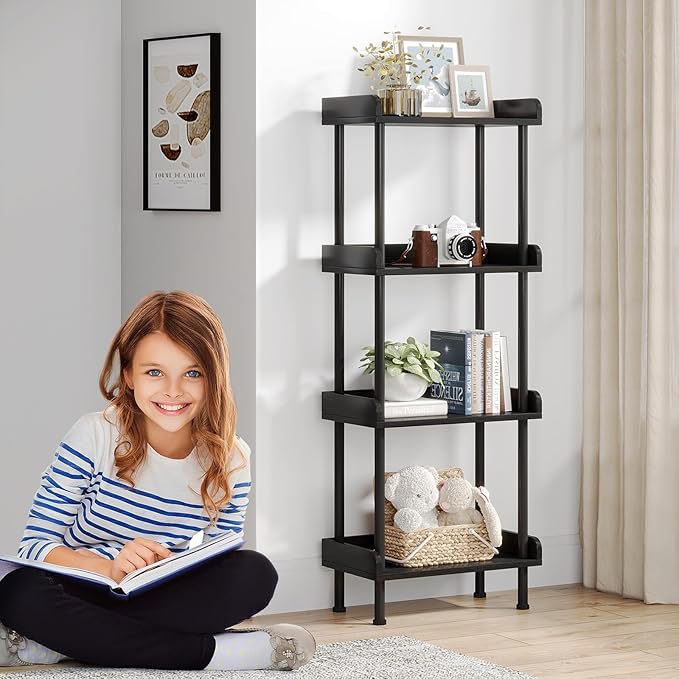 Hosfais Small Wooden Bookcase, 4-Tier Black Rustic Etagere Bookshelf - Image 2