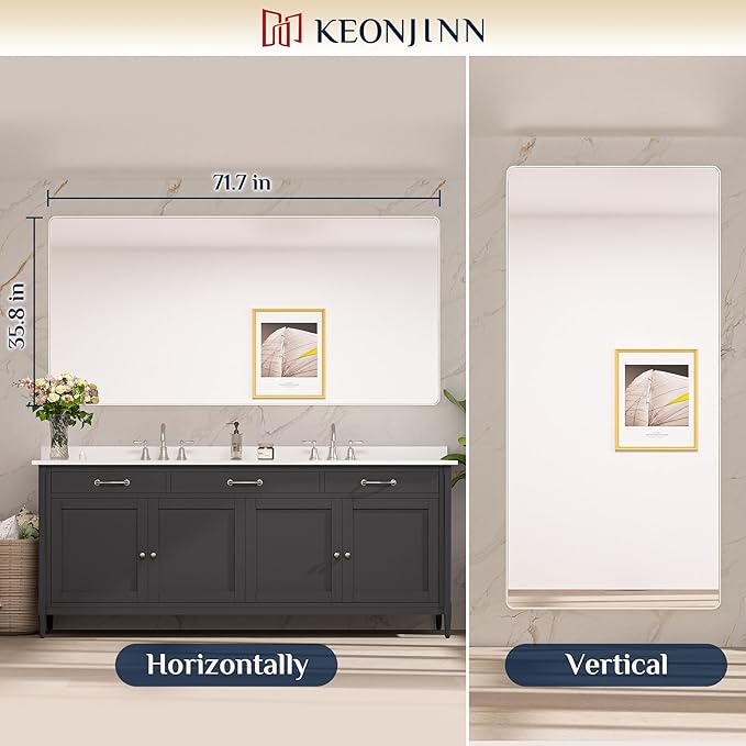 Keonjinn 72 x 36 Brushed Nickel Bathroom Vanity Mirror, Large Rounded Rectangle - Image 8