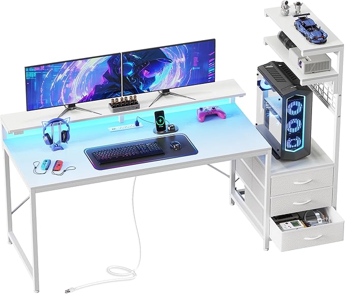 PRAISUN 61.7" Gaming Desk with LED Lights & Outlets, Computer Desk with 3 by PRAISUN
