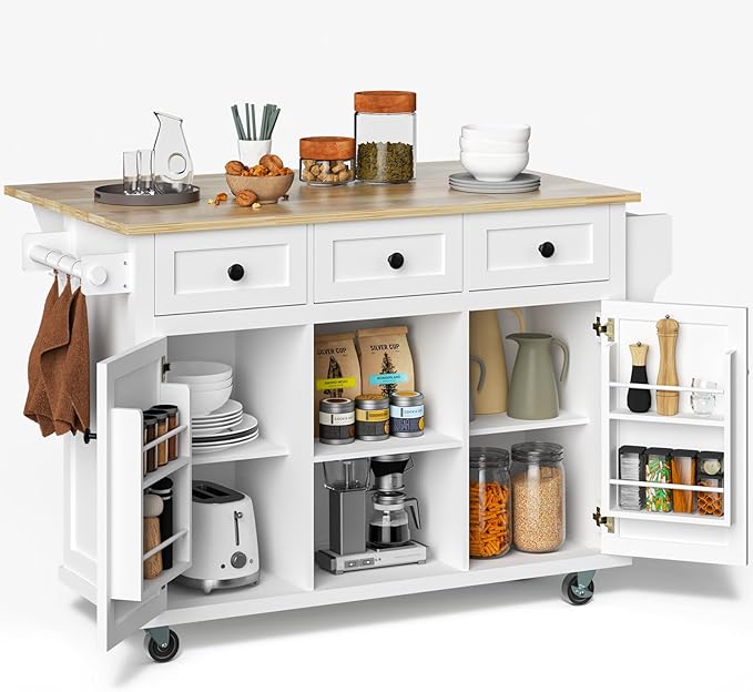 Rovibek Kitchen Island with Drawers 53 in Rolling Island Cart Mobile Solid Wood by Rovibek