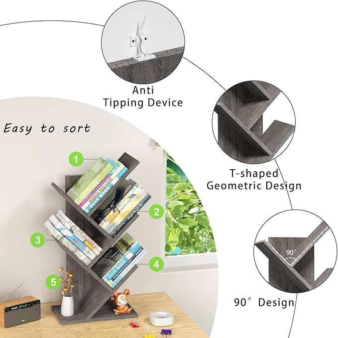 5 Tier Tree Book Shelf, Small Desktop Bookshelf - Image 7