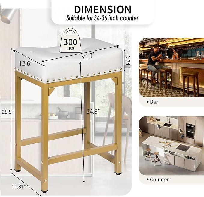 White & Gold Counter Height Bar Stools Set of 3, Modern Counter Stool Set of 3 - Image 3