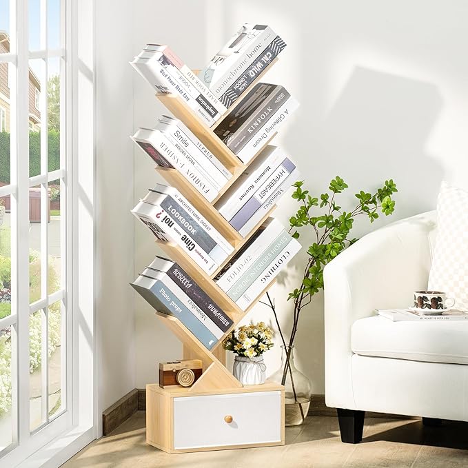 8 Tier Tree Bookshelf with Drawer, Free Standing Wood Bookcase - Image 6