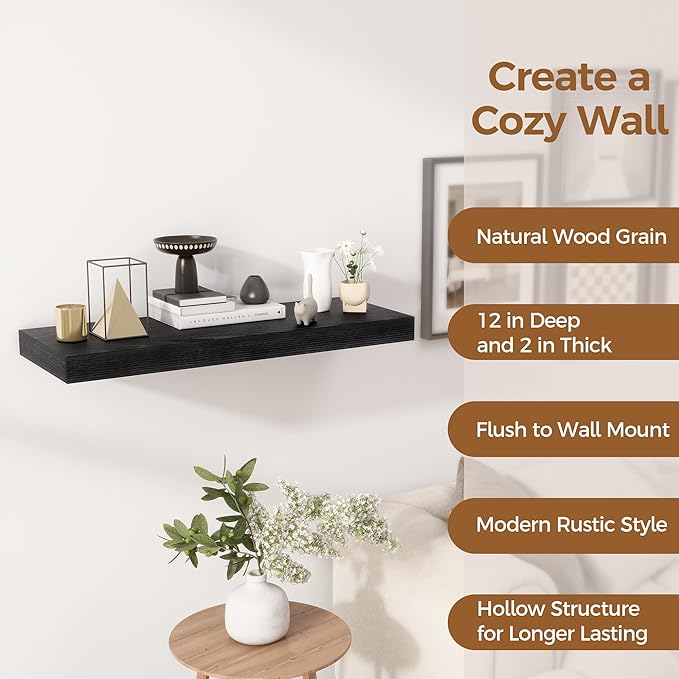 Fun Memories Black Floating Shelves 30" W x 12" D, 12 Inch Deep Floating Shelf - Image 5