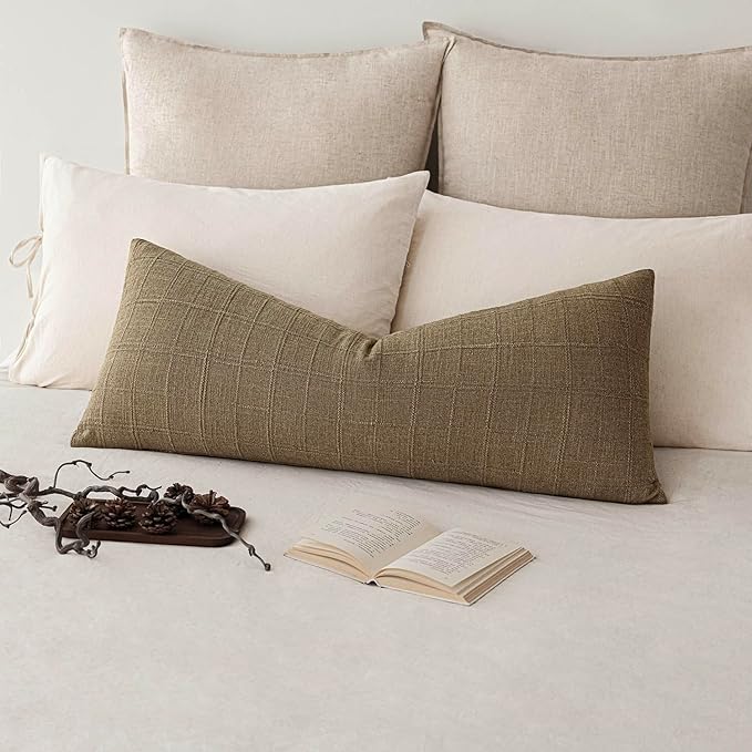 Foindtower Set of 2 Decorative Linen Check Throw Pillow Covers Neutral Long - Image 6