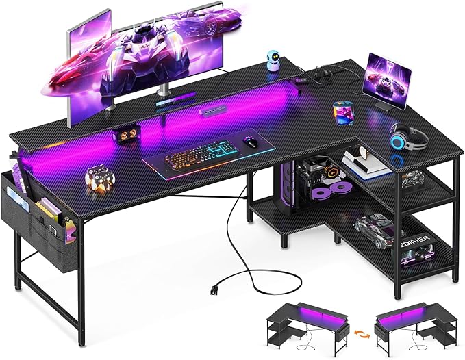 ODK 66 Inch Gaming Desk with USB Charging Ports and LED Lights, Reversible L by ODK