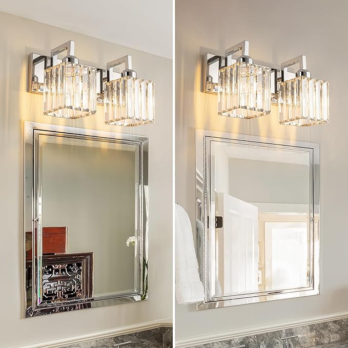 Modern Bathroom Vanity Light 2-Lights Chrome Crystal Wall Lamp Bathroom Modern - Image 3