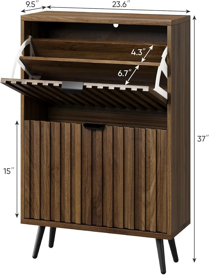 Smuxee Shoe Cabinet with 2 Flip Drawers, 23.6" Walnut Hidden Shoe Storage - Image 2