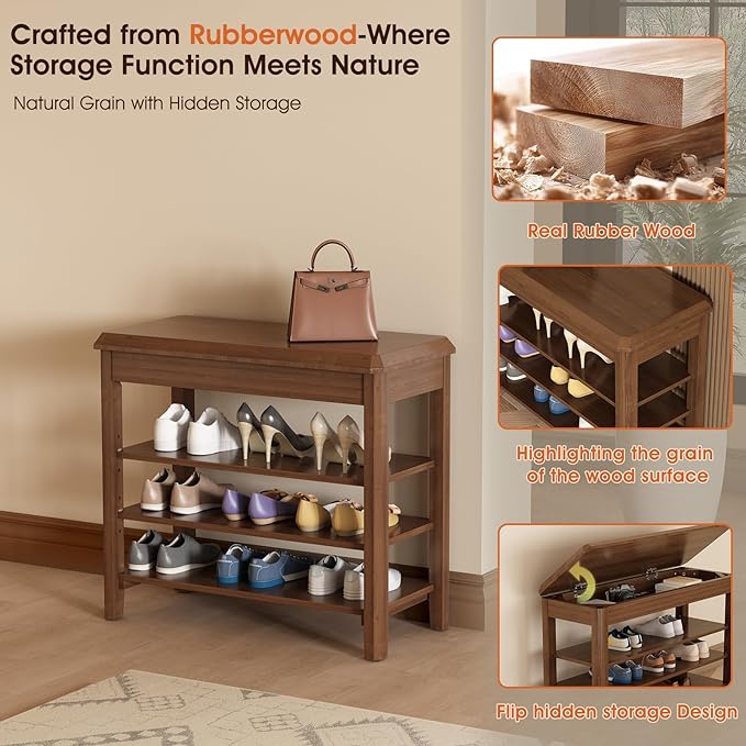 Shoe Rack Bench Seat Rubberwood 3-Tier Wooden Storage Bench 550lbs Compact - Image 6