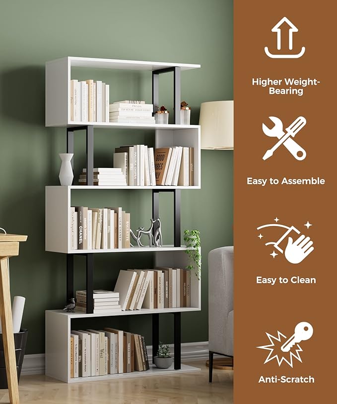 Gadroad 5 Tier Geometric Bookcase, S Shaped Bookshelf, Wood Decorative Storage - Image 4