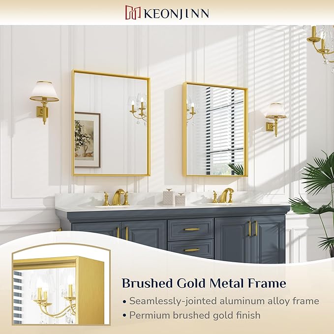 Keonjinn Gold Bathroom Vanity Mirror 24" x 32" Rectangular Wall Mirror Aluminum - Image 6