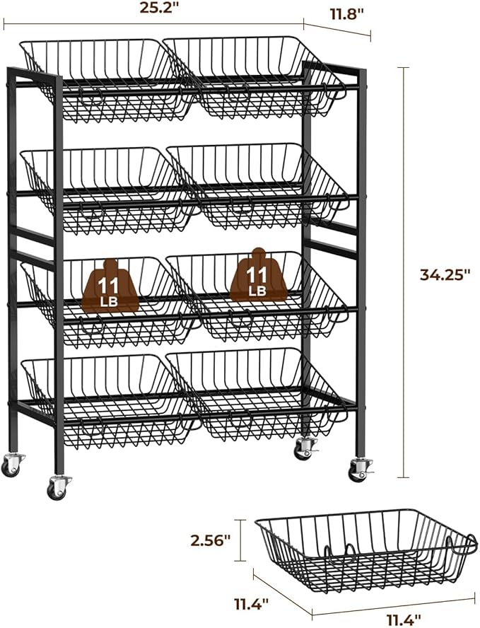 25.2''W Kitchen Storage Cart, Rolling Snack Cart, 4 Tier Fruit Basket Stand - Image 8