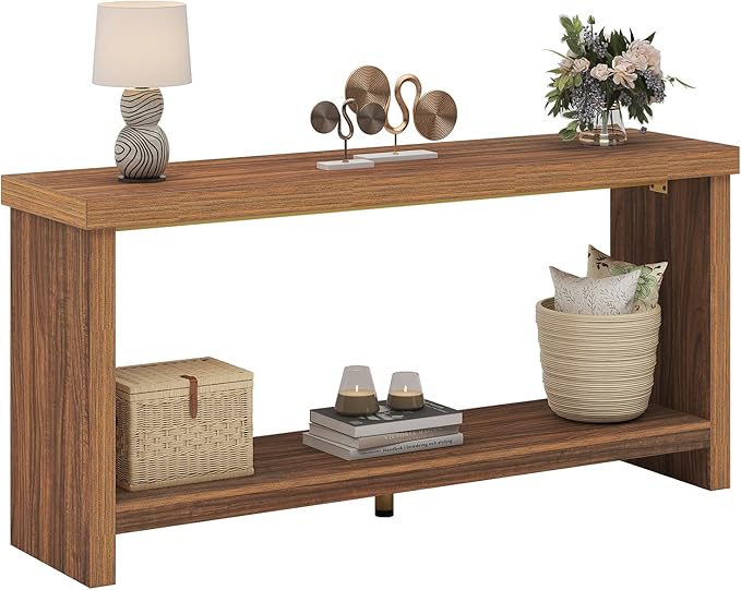 63 Inches Narrow Console Table, 2-Tier Long Sofa Tables Behind Couch Table by KNOWORLD