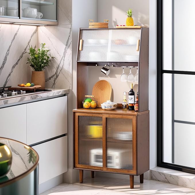 Tiita Kitchen Hutch with Countertop, 69” Rattan Solid Wood Pantry Cabinet with - Image 4