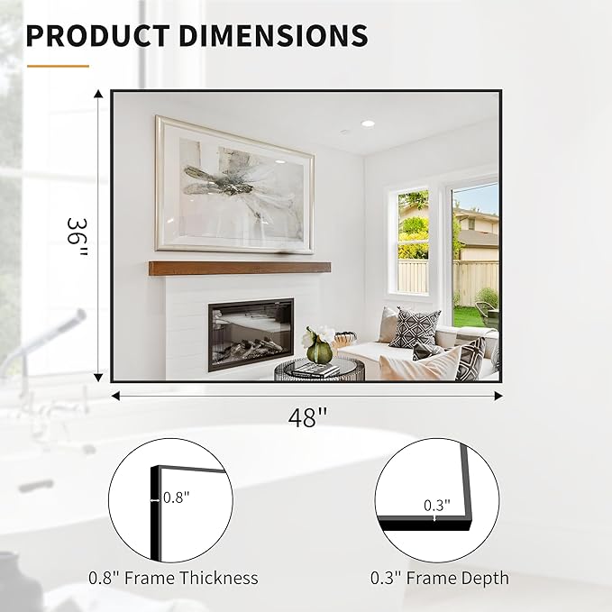 KOCUUY Bathroom Mirror Black, 48x36 inch Rectangle Wall Mirror - Image 9