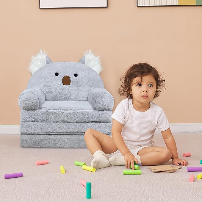 Toddler Chair with Faux Rabbit Fur – 2-in-1 Foldable Kids Couch, Koalas Design - Image 4