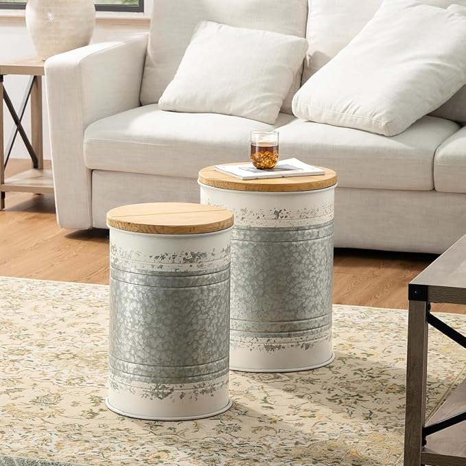 Glitzhome Farmhouse Accent Side Table, Metal Storage Stool Ottoman - Image 7