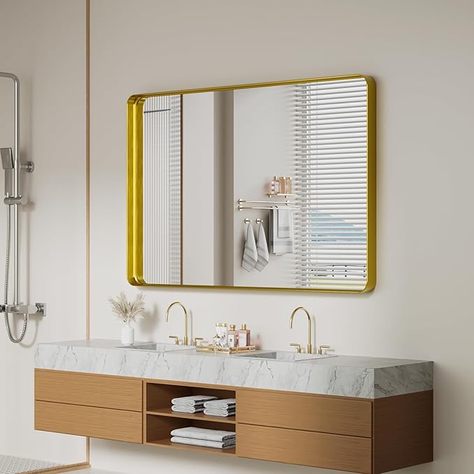 Koonmi Gold Wall Mirror for Bathroom, 36x55 Inch Matte Deep Framed Rounded - Image 8