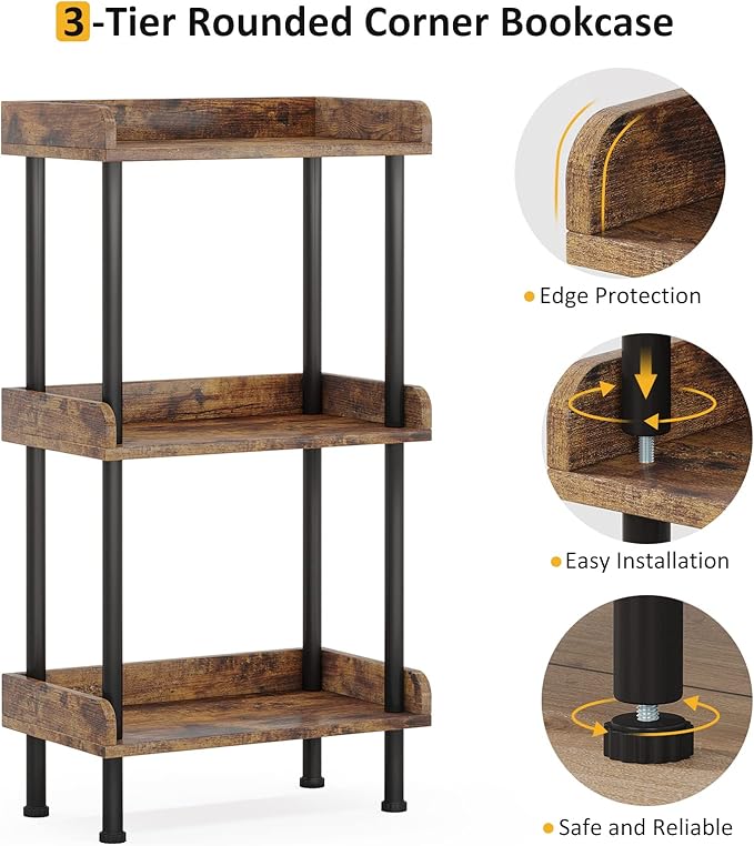 Hosfais Bookshelf Small Book Shelf, 3 Tier Wood Bookcase Industrial Bookshelf - Image 5