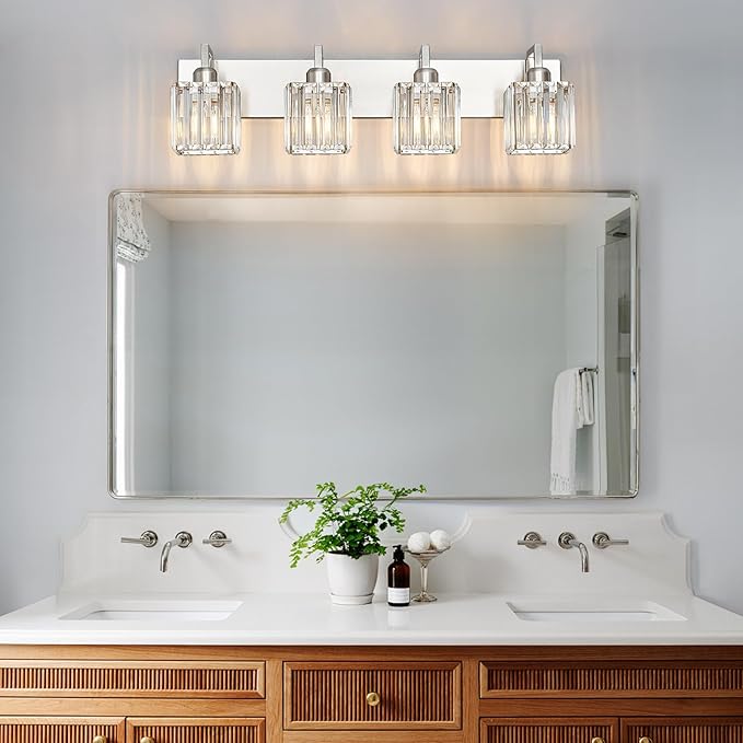 Modern Bathroom Vanity Light 4-Lights Brushed Nickel Vanity Light Crystal Wall - Image 2