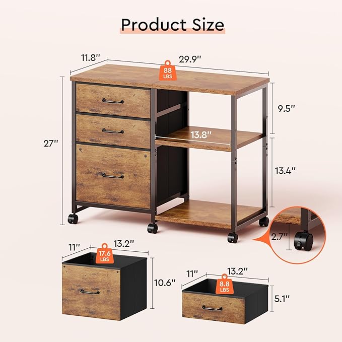 3 Drawer File Cabinet with Wheels Rolling Printer Stand with Open Storage Shelf - Image 3