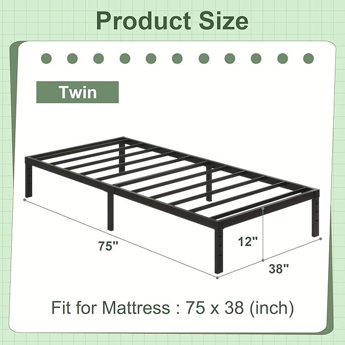 12 Inch Twin Bed Frames, Heavy Duty Metal Bed Frame Twin Size, No Box Spring - Image 2